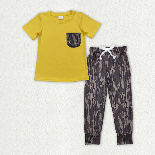 BT0604+P0432 Antler Pocket Yellow Short Sleeve Camouflage Army Green Pants Suit