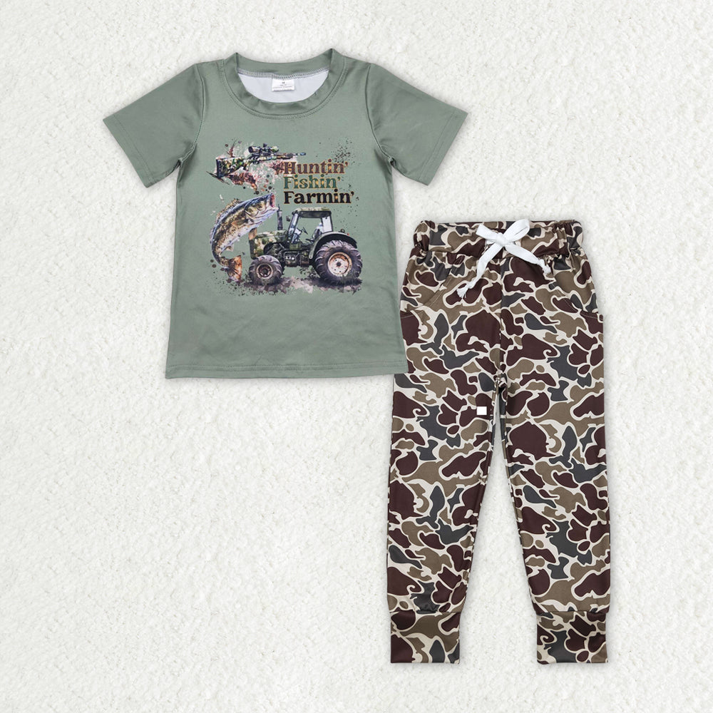 BT0344+P0433 Letter short-sleeved camouflage brown-green beige trousers suit