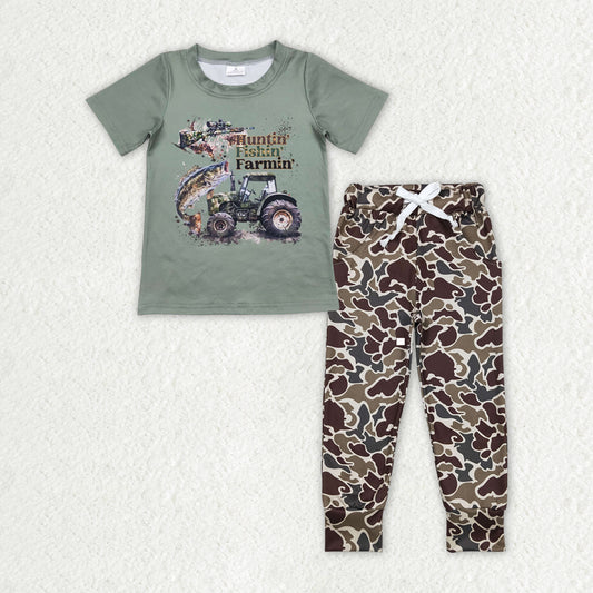 BT0344+P0433 Letter short-sleeved camouflage brown-green beige trousers suit