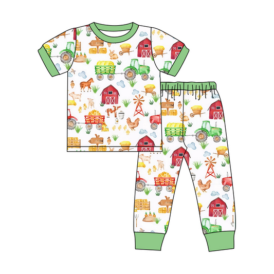 presale BSPO0386 Farm Animal Red House Tractor Green White Short Sleeve Long Pants Pajama Set