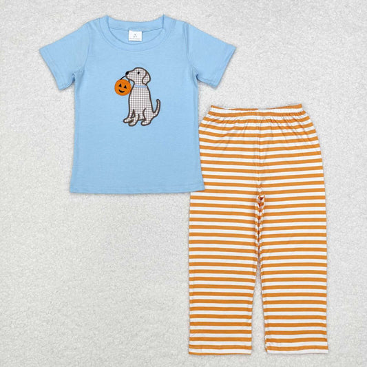 BSPO0391 Embroidered Pumpkin Puppy Blue Short Sleeve Orange Striped Pants Suit