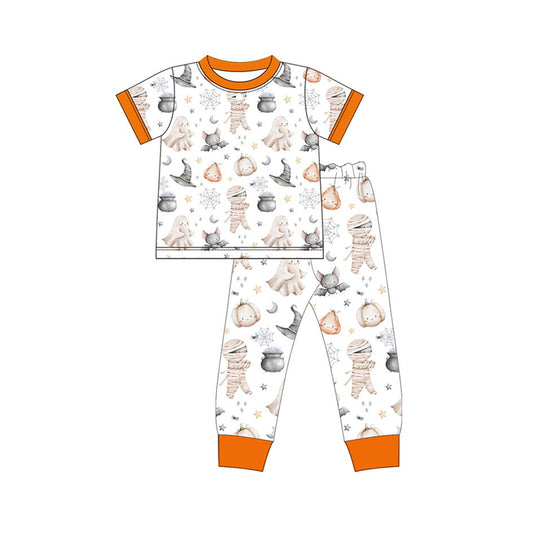 presale BSPO0394 Mummy Bat Ghost Pumpkin Orange White Short Sleeve Long Pants Pajama Set