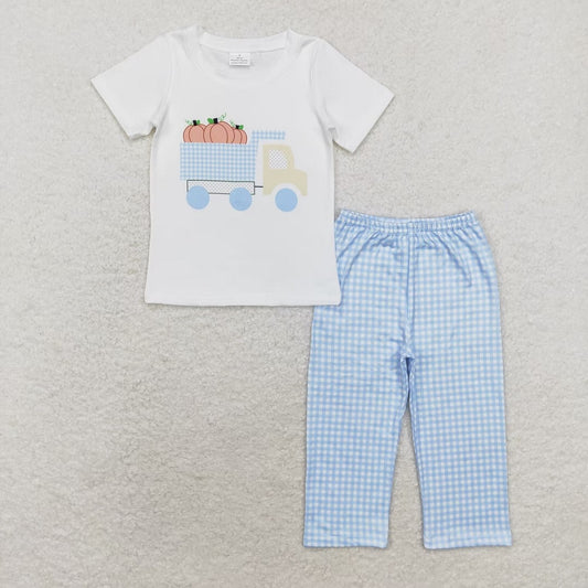 BSPO0398 Pumpkin Truck White Short Sleeve Blue Plaid Pants Suit D 6.21