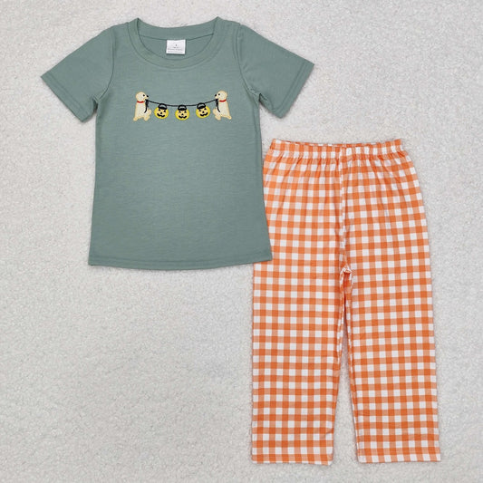 BSPO0405 Halloween Pumpkin Lantern Puppy Blue Green Short Sleeve Orange Plaid Pants Suit