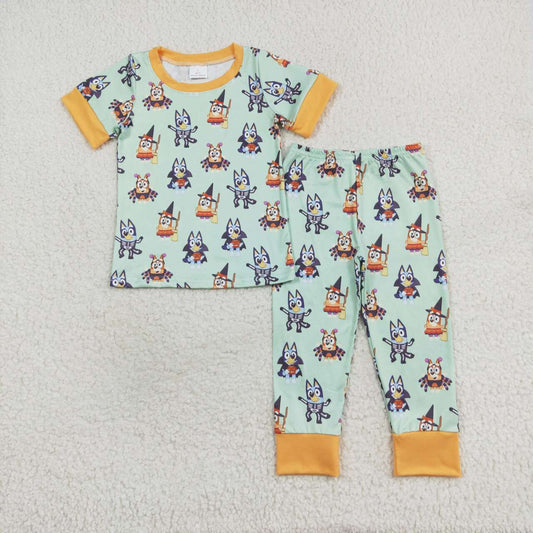 BSPO0408 Halloween Yellow Green Short Sleeve Long Pants Pajama Set