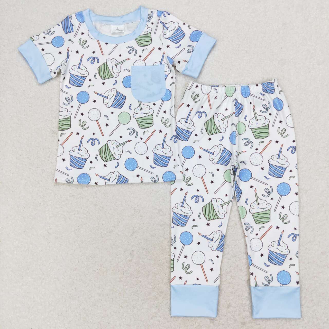 BSPO0410 Birthday Candle Cake Blue Pocket Short Sleeve Long Pants Pajama Set