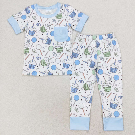 BSPO0410 Birthday Candle Cake Blue Pocket Short Sleeve Long Pants Pajama Set