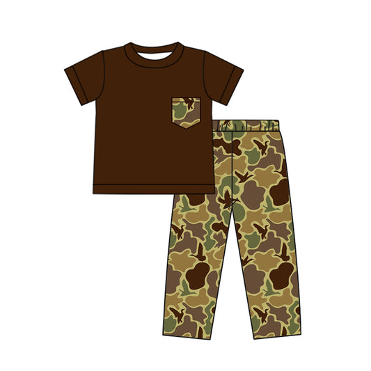 presale BSPO0412 Duck camouflage pocket dark brown short-sleeved trousers suit