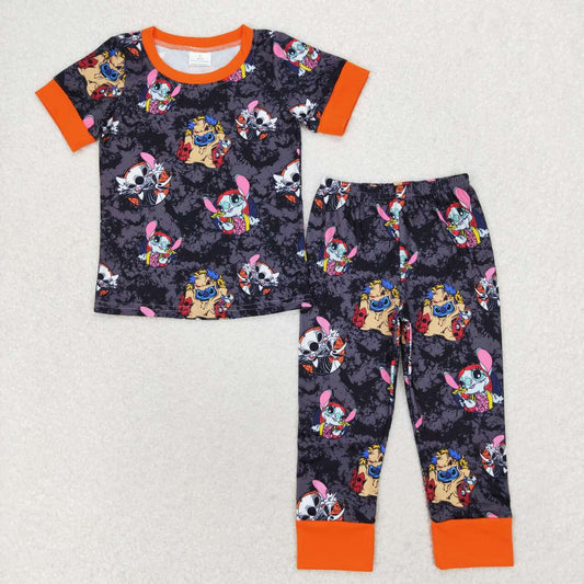 BSPO0417 Halloween Bat Black Gray Short Sleeve Long Pants Pajama Set