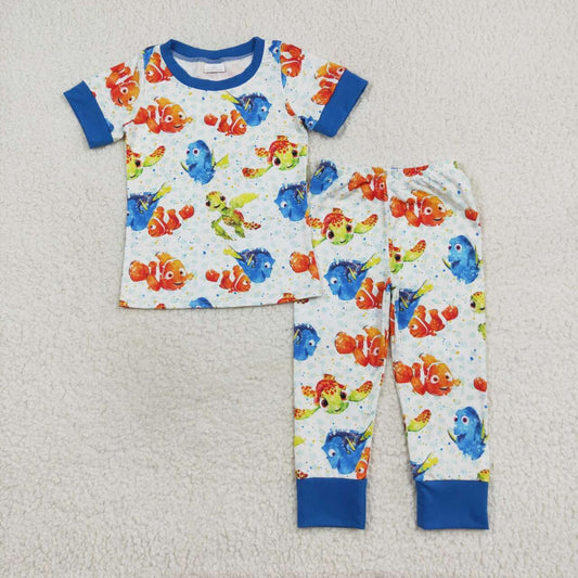 BSPO0419 Cartoon turtle and fish blue short-sleeved trousers pajama set