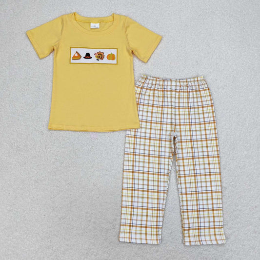 BSPO0433 Embroidery Hat Turkey Pumpkin Orange Short Sleeve Plaid Pants Set
