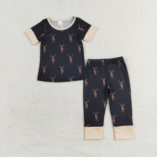 BSPO0440 Bamboo Deer Brown Black Short Sleeve Long Pants Pajama Set