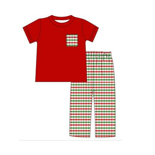 presale BSPO0450 Red and Green Plaid Pocket Short Sleeve Trousers Set