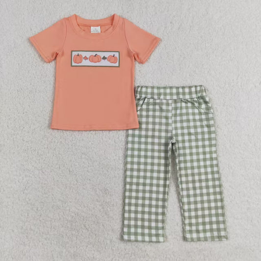 BSPO0451 Pumpkin Leaf Pink Orange Short Sleeve Green Plaid Trousers Suit