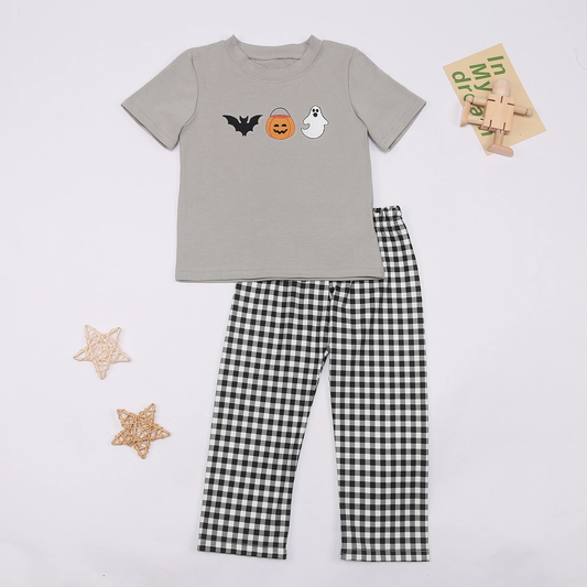 presale BSPO0458 Bat Pumpkin Ghost Grey Short Sleeve Plaid Pants Suit