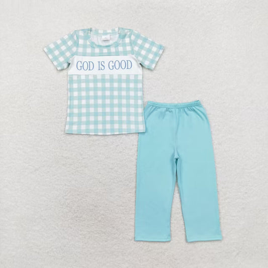 BSPO0463 Plaid Short Sleeve Teal Trousers Set