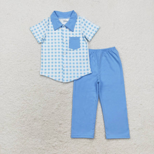 BSPO0466 Blue Pocket Plaid Short Sleeve Trousers Set