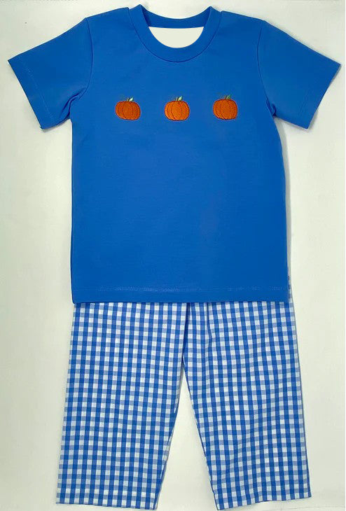 BSPO0468  Pumpkin Blue Short Sleeve Plaid Trousers Set