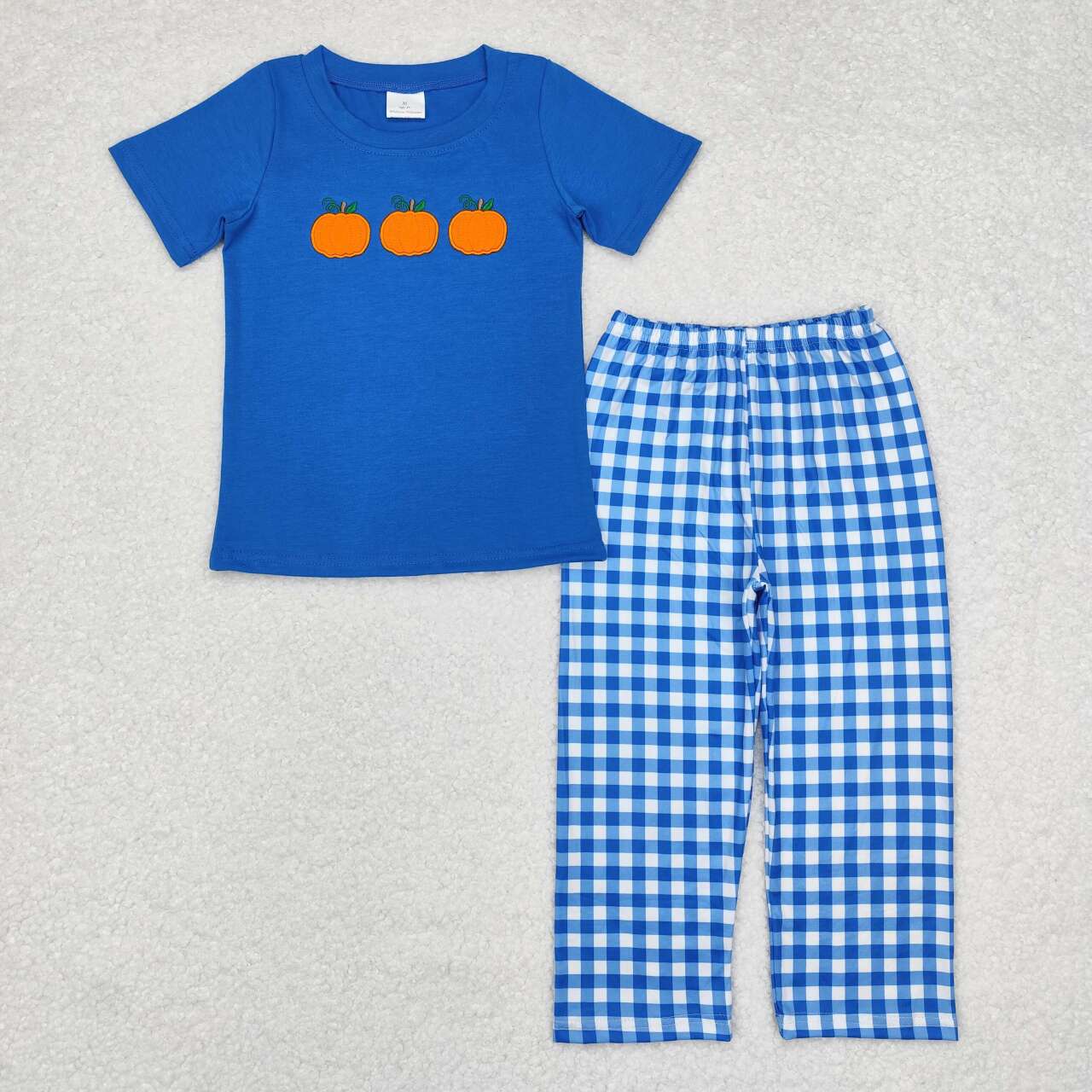 BSPO0468  Pumpkin Blue Short Sleeve Plaid Trousers Set