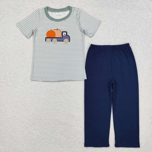 BSPO0473 Pumpkin Truck Striped Short Sleeve Navy Blue Pants Suit