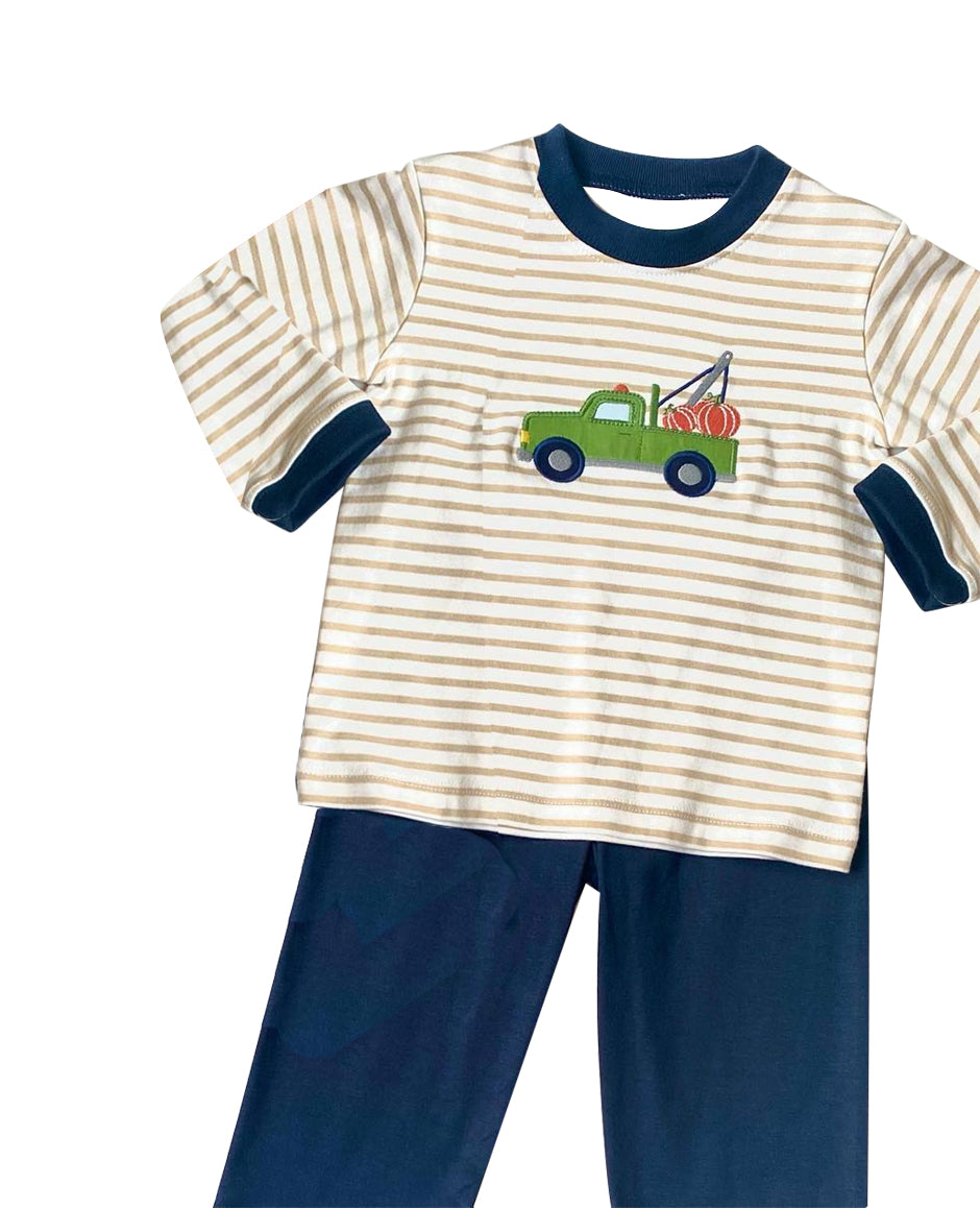 presale BSPO0474  Boys Baby Stripes Pumpkins Truck Tops Pants Clothes Sets 2024 7.23