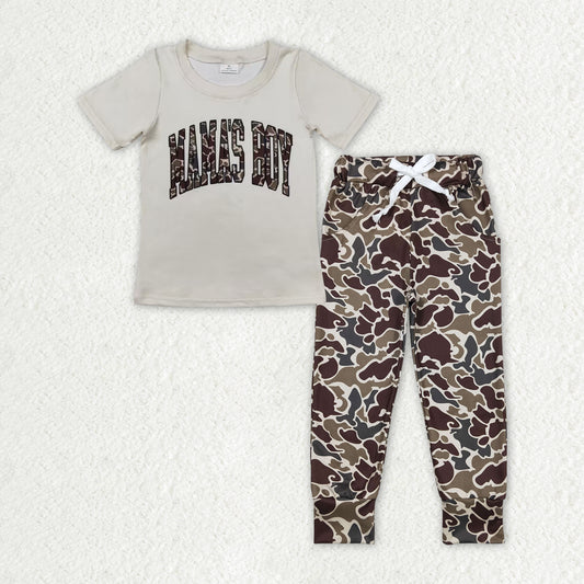 BSPO0475 mama's boy camouflage lettering beige short-sleeved trousers suit