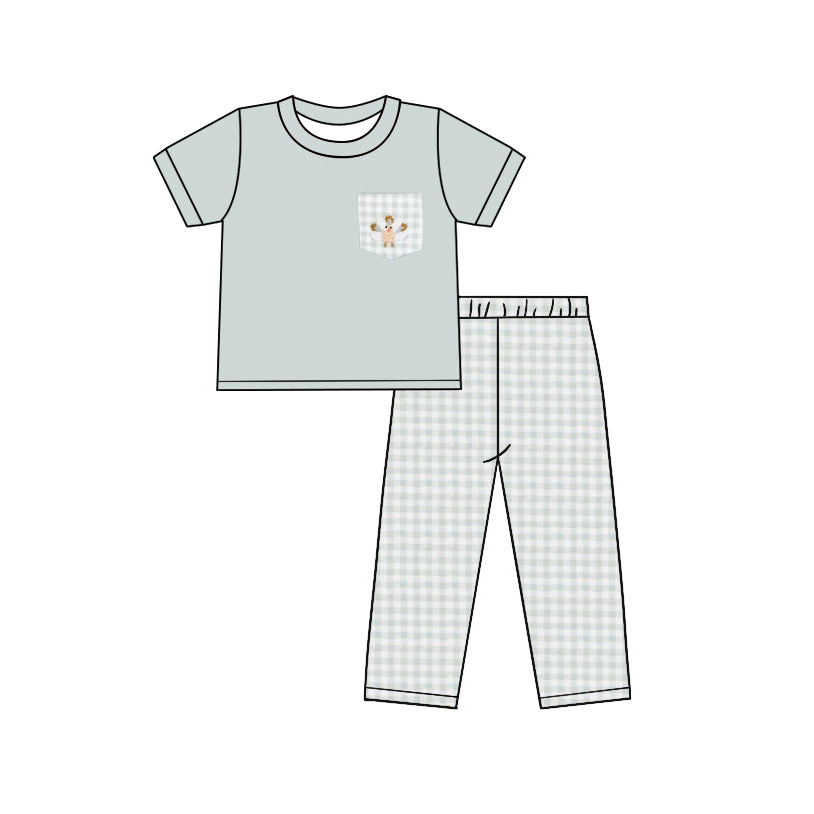 presale BSPO0476 Turkey Teal Plaid Pocket Short Sleeve Pants Set 2024 8.10