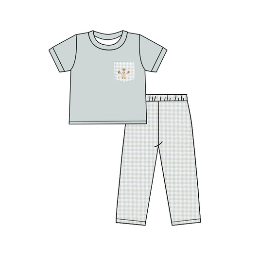 presale BSPO0476 Turkey Teal Plaid Pocket Short Sleeve Pants Set 2024 8.10