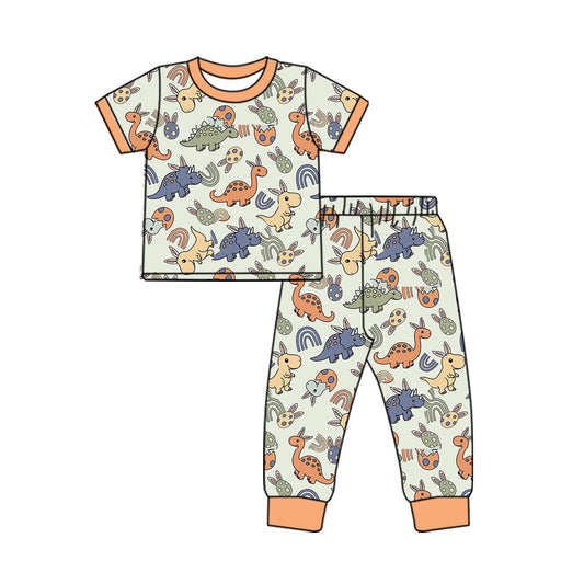 presale BSPO0499 Easter Egg Dinosaur Rainbow Orange Green Short Sleeve Long Pants Pajama Set 2024 9.30