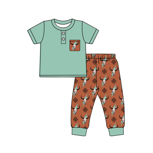 presale BSPO0502 Alpine Bull Head Lightning Geometric Pattern Brown Pocket Blue Green Short Sleeve Pants Set  2024 10.10