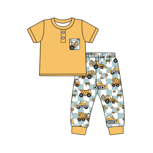 presale BSPO0504 Engineering Vehicle Blue and White Plaid Pocket Yellow Short Sleeve Trousers Suit 2024 10.10