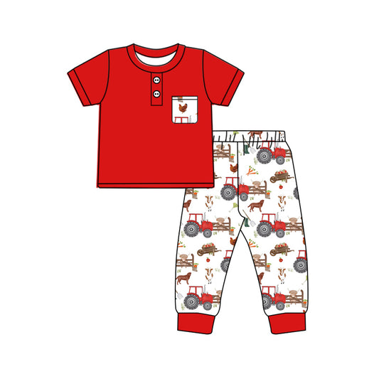 presale BSPO0505  Farm Animals Tractor White Pocket Red Short Sleeve Long Pants Suit 2024 10.10