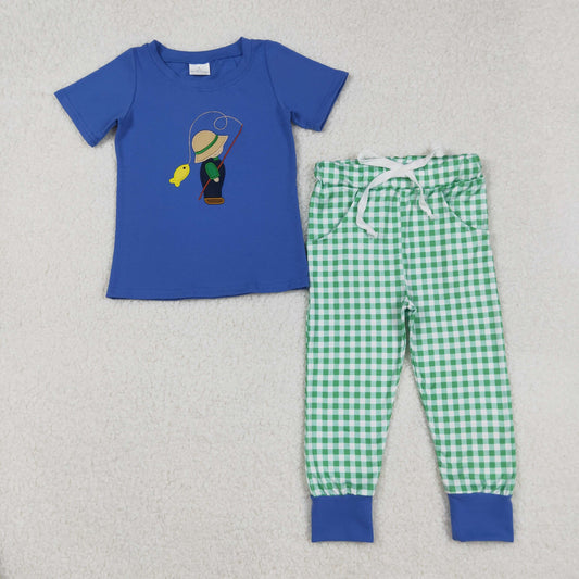 BSPO0506 Embroidery Baby Boys Blue Fishing Shirt Checkered Pants Clothes Sets D 906