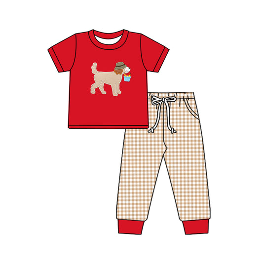presale BSPO0507 Fishing Puppy Red Short Sleeve Brown Plaid Trousers Suit 2024 10.14