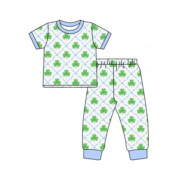 presale BSPO0531 Four-leaf Clover Plaid Blue and White Short-sleeved Long Pants Pajama Set  2024 .11.15