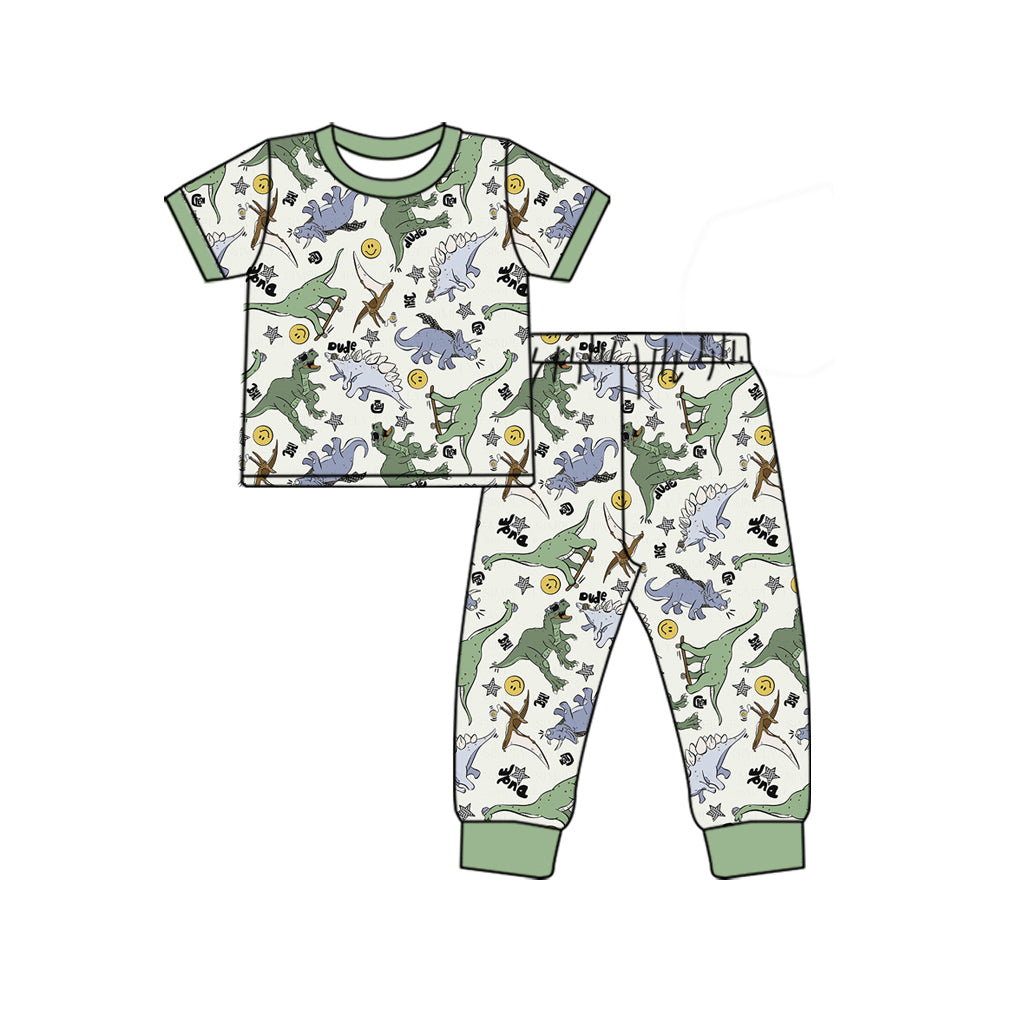 presale  BSPO0532  Dinosaur Star Smiley Face Green Short Sleeve Long Pants Pajama Set   2024 11.22