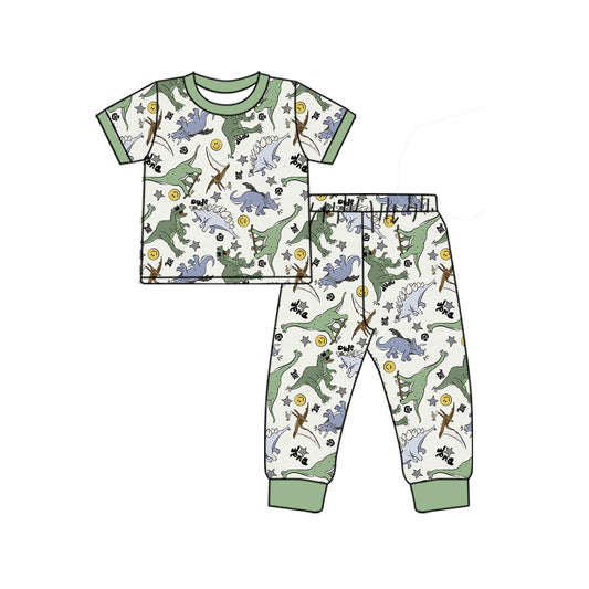 presale  BSPO0532  Dinosaur Star Smiley Face Green Short Sleeve Long Pants Pajama Set   2024 11.22