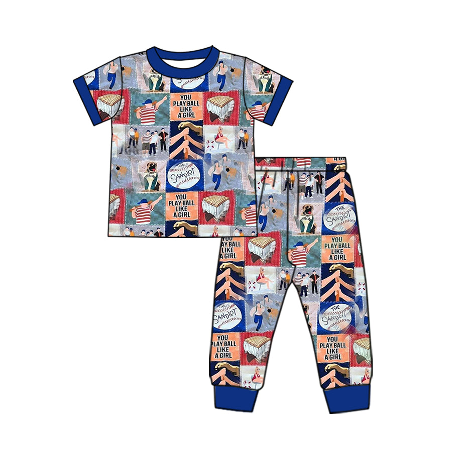 presale BSPO0540  Letter Baseball Plaid Blue Short Sleeve Long Pants Pajama Set 2024 11.27