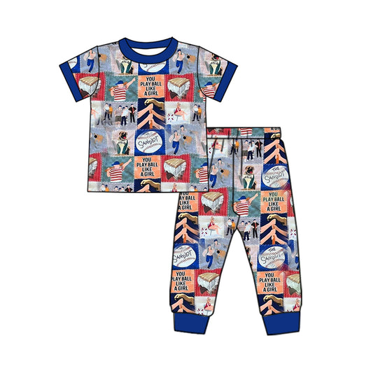 presale BSPO0540 Letter Baseball Plaid Blue Short Sleeve Long Pants Pajama Set 2024 11.27