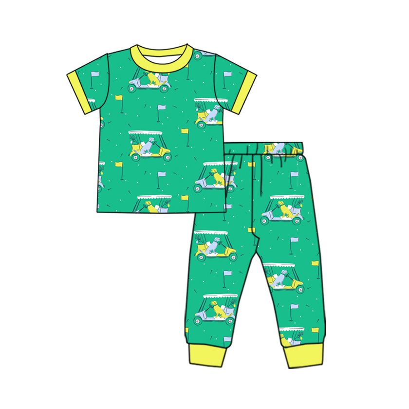 presale BSPO0541  Puppy Golf Sightseeing Cart Yellow Green Short Sleeve Long Pants Pajama Set  2024 11.27
