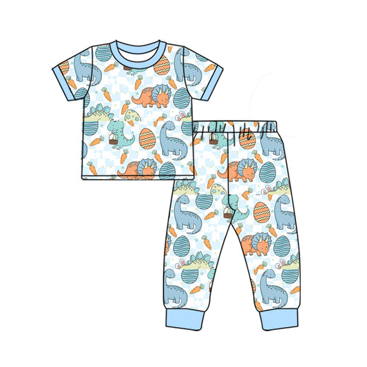 presale BSPO0543 Easter Egg Dinosaur Rainbow Plaid Blue Short Sleeve Long Pants Pajama Set 2024 11.28