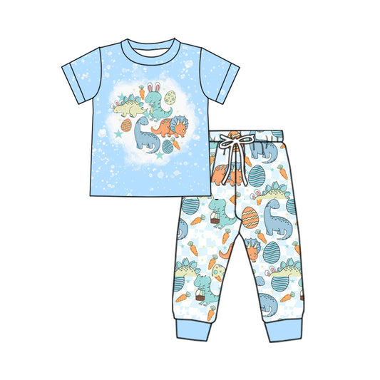 presale BSPO0544  Easter Egg Dinosaur Rainbow Plaid Blue Short Sleeve Pants Set  2024 11.28