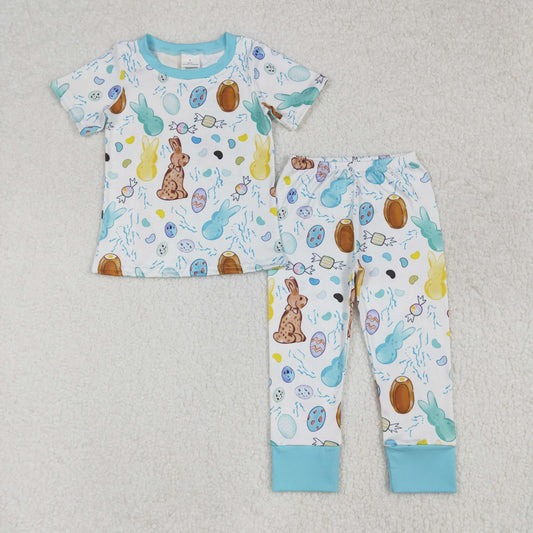 BSPO0557 Easter Bunny Egg Candy Blue and White Short Sleeve Long Pants Pajama Set