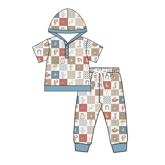 presale BSPO0563 Baby Boys Short Sleeves Cactus Boots Button Hoodies Top Pants Pajamas Set D 4.25