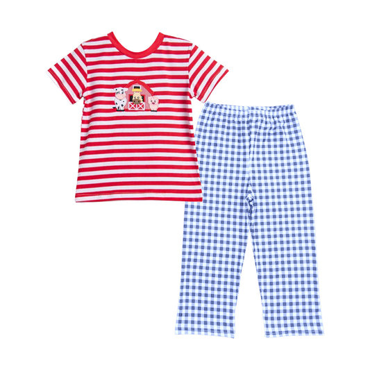 presale BSPO0567 Baby Boys Stripe Short Sleeves Cows House Top Plaid Pants Farm Set D 5.6