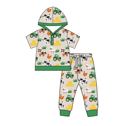 presale BSPO0570 Baby Boys Green Short Sleeves Cows Chicks Hoodies Top Pant Farm Set D 5.9