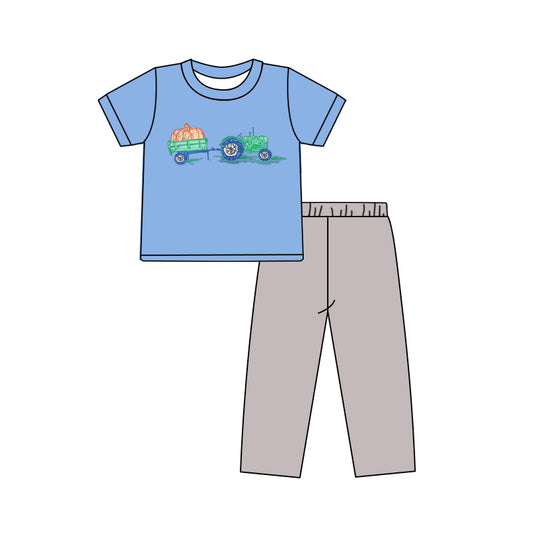 presale BSPO0571 Baby Boys Blue Short Sleeves Truck Pumpkins Top Pant Set D 5.14