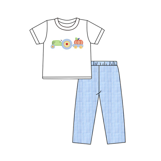 presale BSPO0572 Baby Boys White Short Sleeves Truck Pumpkins Top Blue Plaid Pant Set D 5.14
