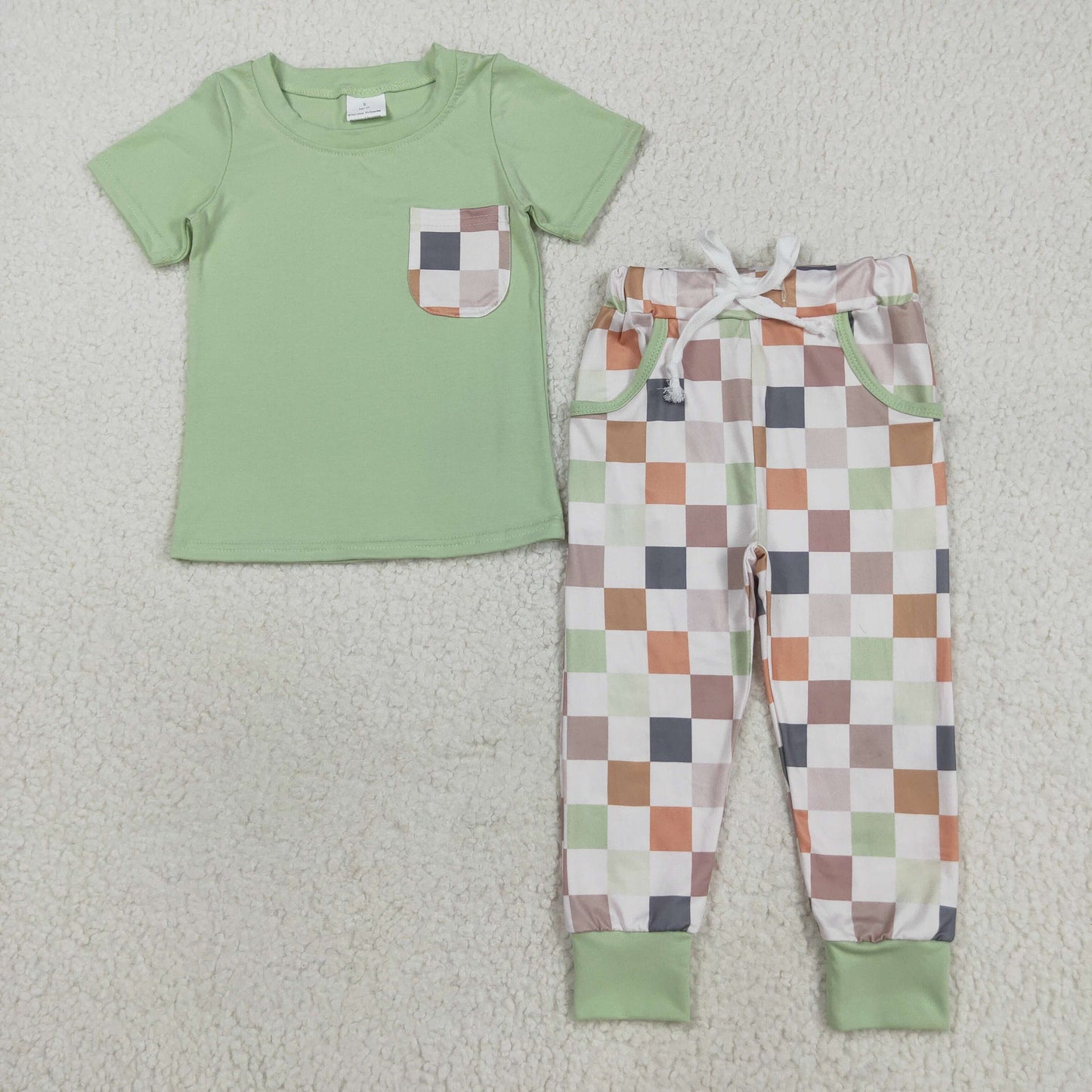 BSPO0576 Baby Boys Gray Short Sleeves Pocket Top Pockets Khaki Plaid Pant Set  D 8.4