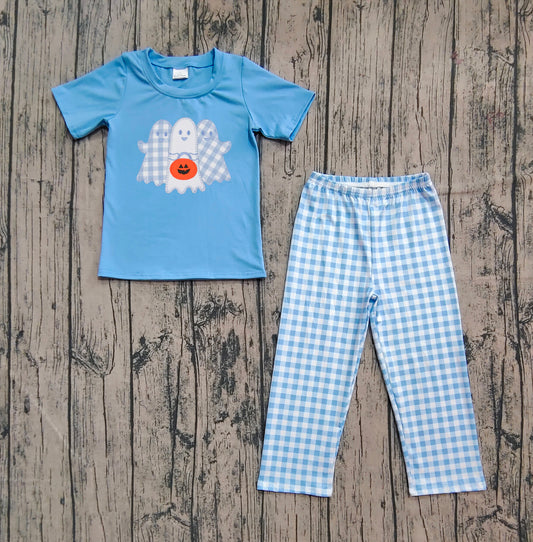 presale BSPO0581  Baby Boys Ghosts Pumpkins Top Plaid Pant Halloween Set D 7.19